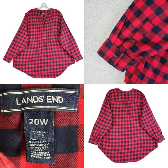 Lands End Shirt Popover Flannel LS Red Blue Plaid Women’s Plus Size 20 Henley - Picture 1 of 10